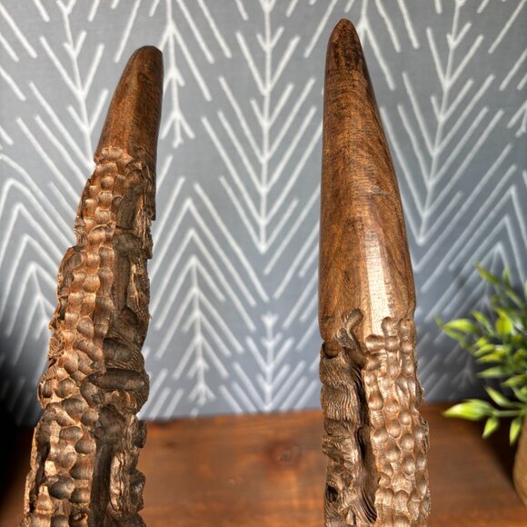 Vintage Hand Carved Wood Elephant Tusk Bookends or Sculptures on Brass Bases - Picture 9 of 17